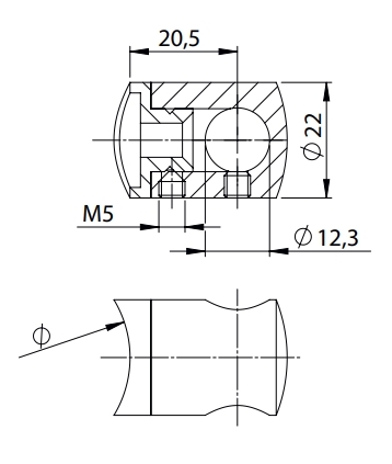 Querstabhalter V4A Edelstahl Ø 22 mm – Anschluss FLACH fuer Rundstaebe 12 mm-11-1011-A.1