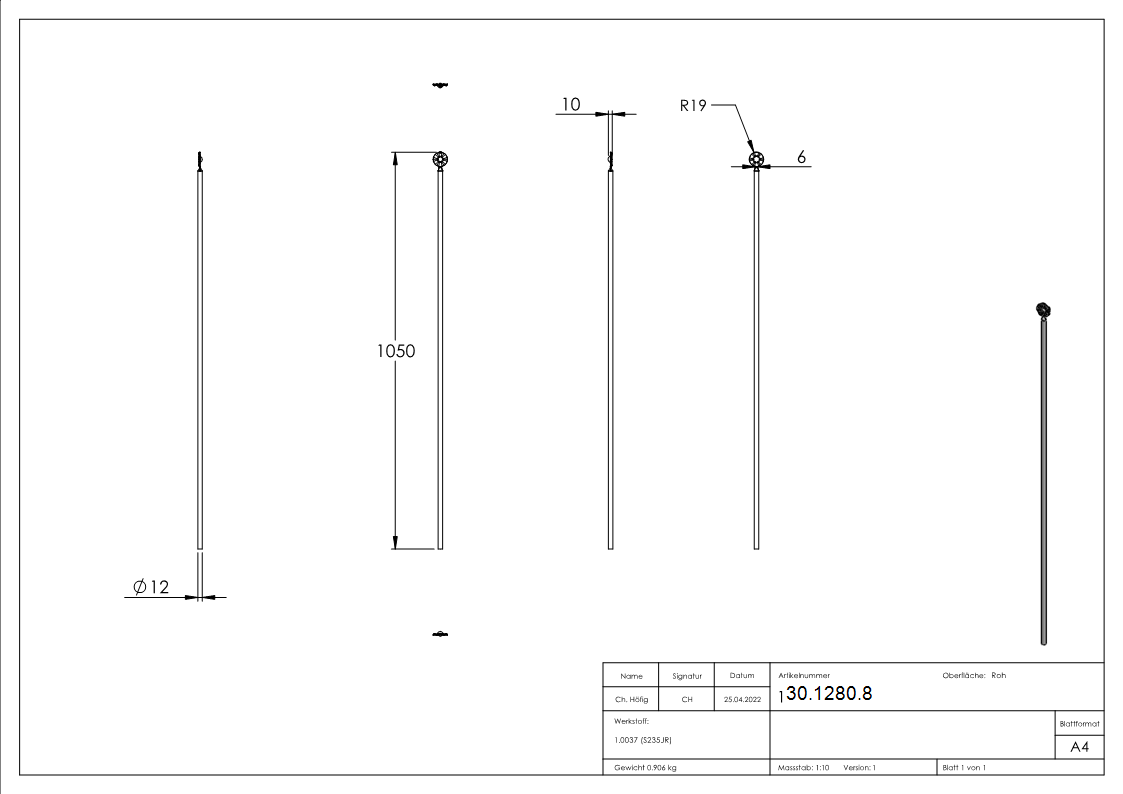 Zaunstab - Laenge- 1050 mm - Material Ø 12 mm - Scheibe - Stahl S235JR- roh-30-1280.8