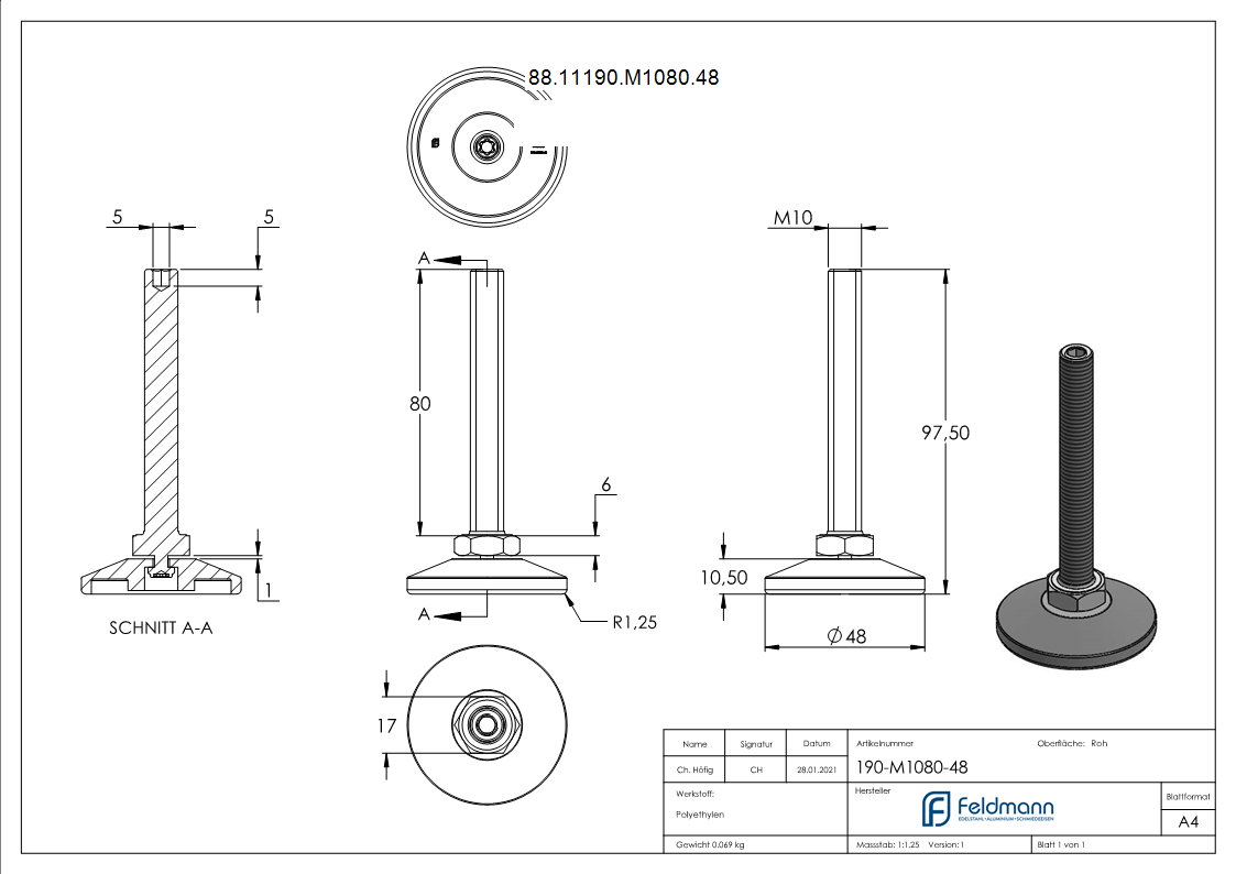 Stellfuss Kunststoff-Stahl Fuss-Ø 48 mm M10x80 mm mit Innensechskant-88-11190-M1080.48
