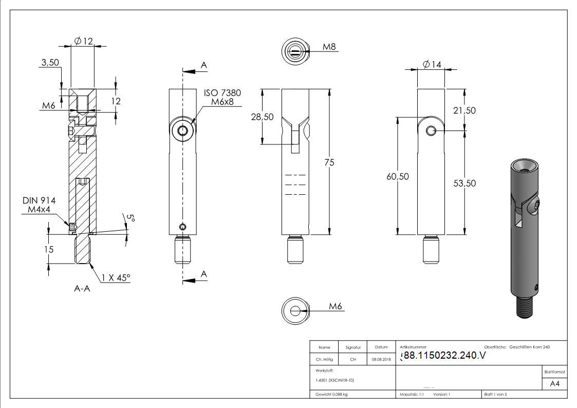 Gelenkstift Edelstahl V2A Ø 14 mm- L 76 mm- mit M8 Aussen- und M6 Innengewinde-88-1150232-240.V