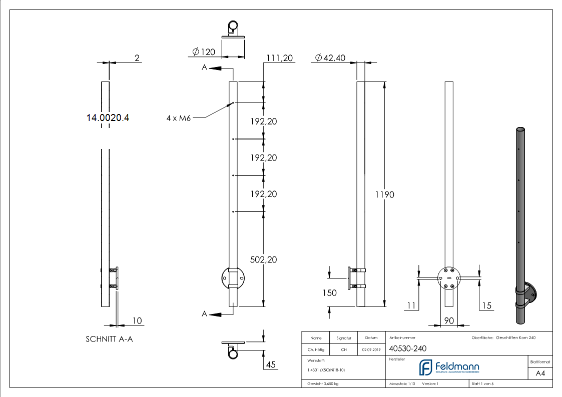 Gelaenderpfosten seitliche Montage fuer 4 Querstabhalter M6 Laenge- 1190 mm V2A-14-0020.4