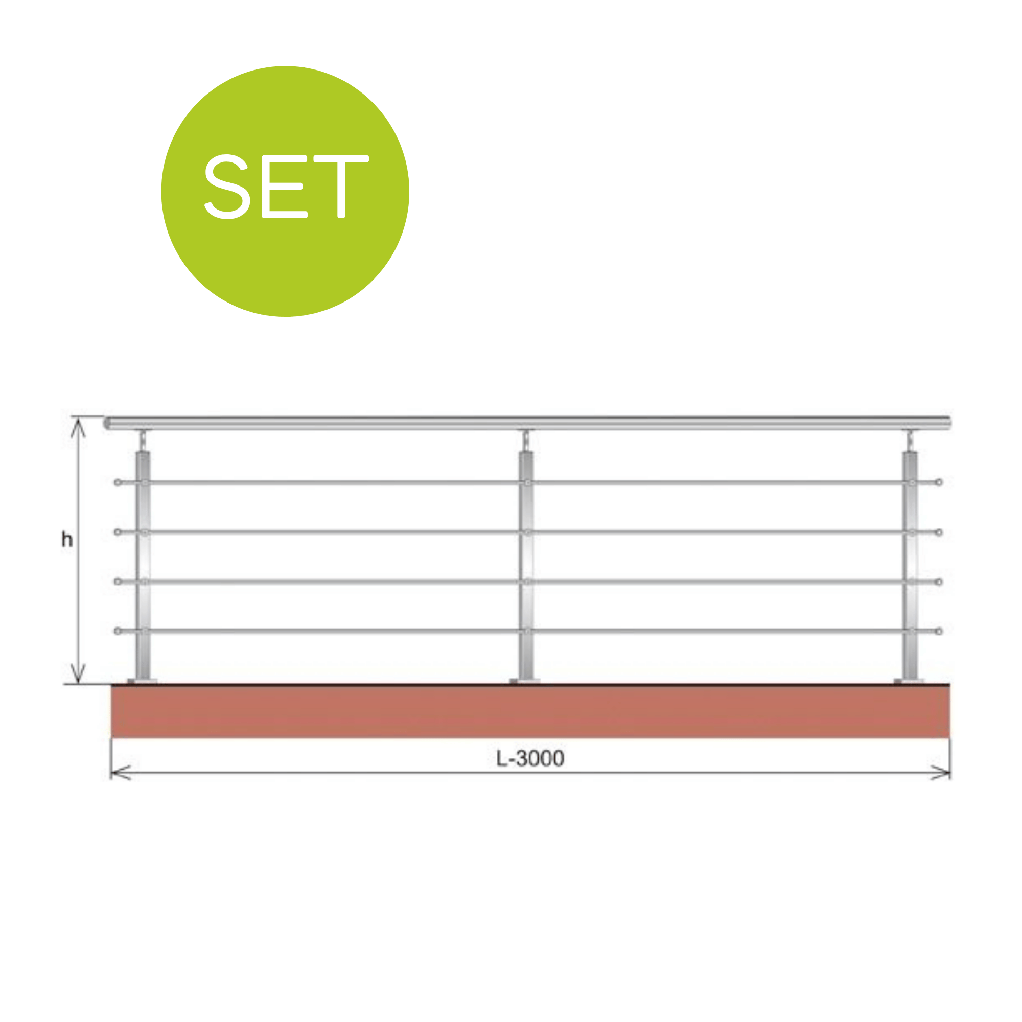 Relinggelaender Edelstahl AISI 304 L 3000 mm H 900 mm Pfosten 40x40 Bodemontage-89-11AJPZVR903000-A.4