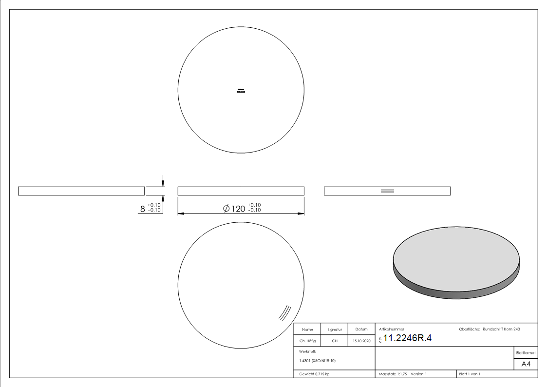 Ronde - Masse- Ø 120 x 8 mm - V2A-11-2246R.4