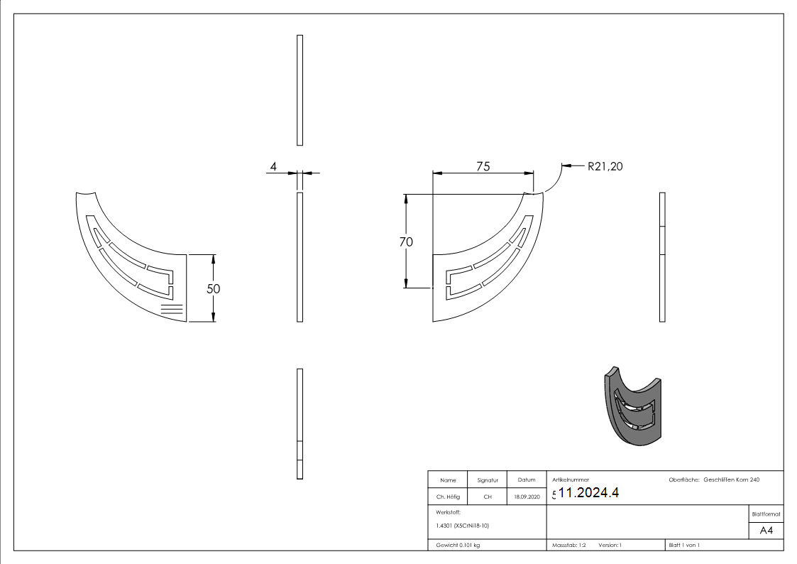 Handlaufschwert V2A 4 mm stark 75 mm Wandabstand geschliffen Korn 240-11-2024.4