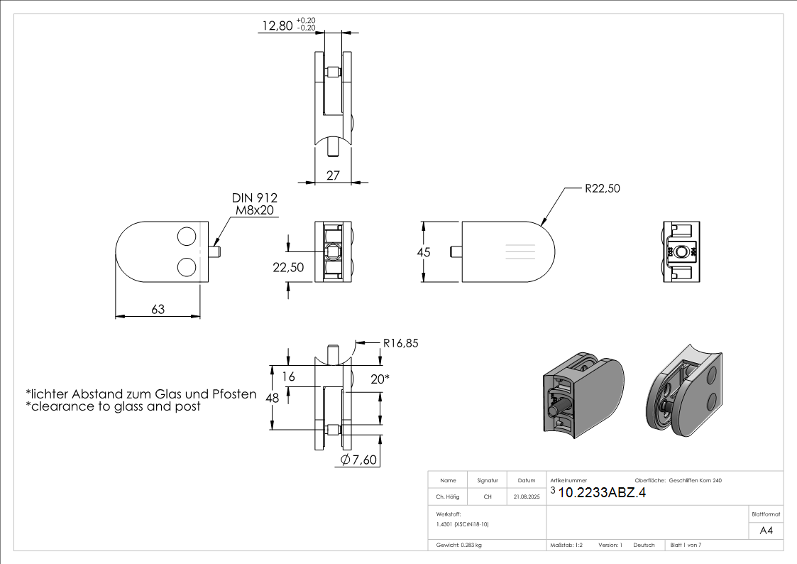 Glasklemme 63x45x28 mm AbZ fuer Anschluss Ø 33-7 mm V2A-10-2233ABZ.4