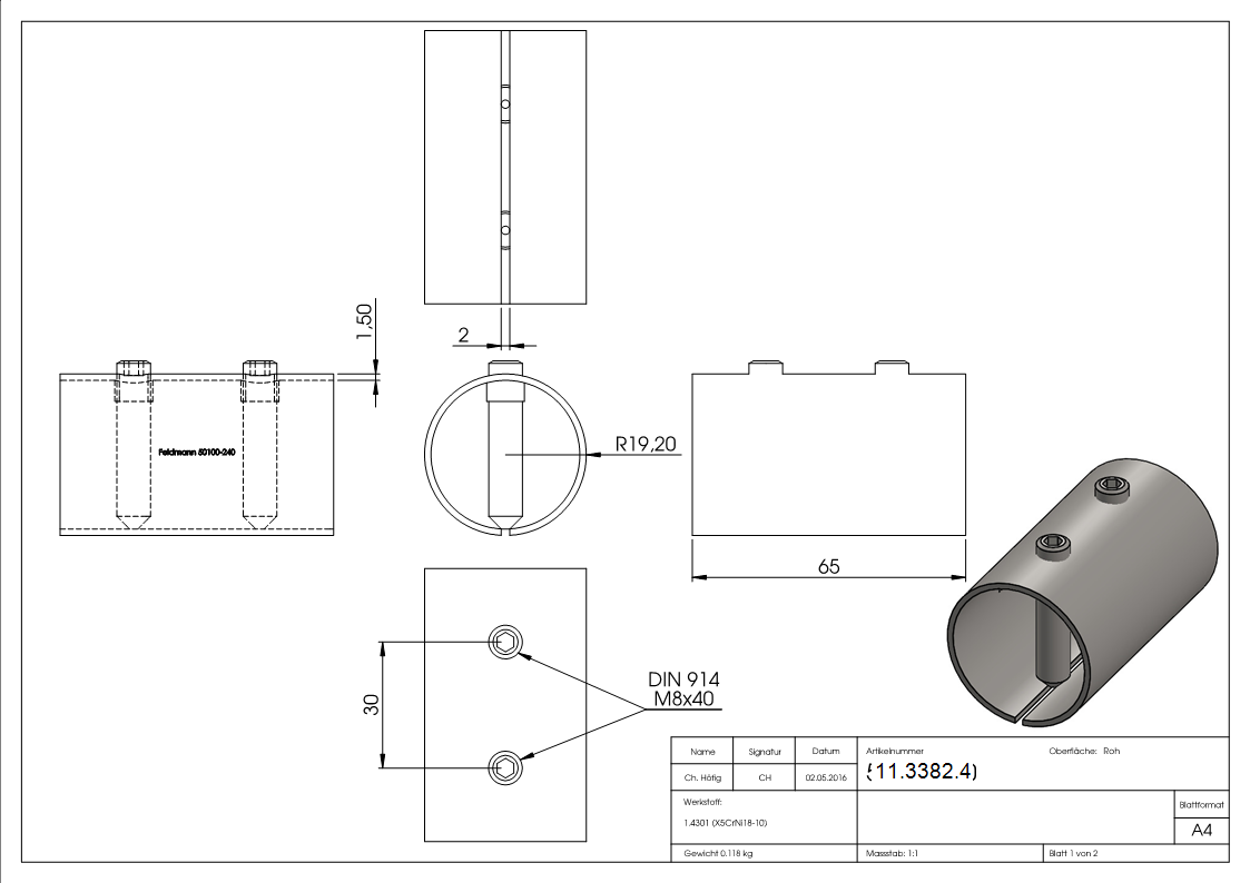 Rohrverbinder V2A 42-4x2-0 mm L 65 mm mit Klemmschrauben-11-3382.4