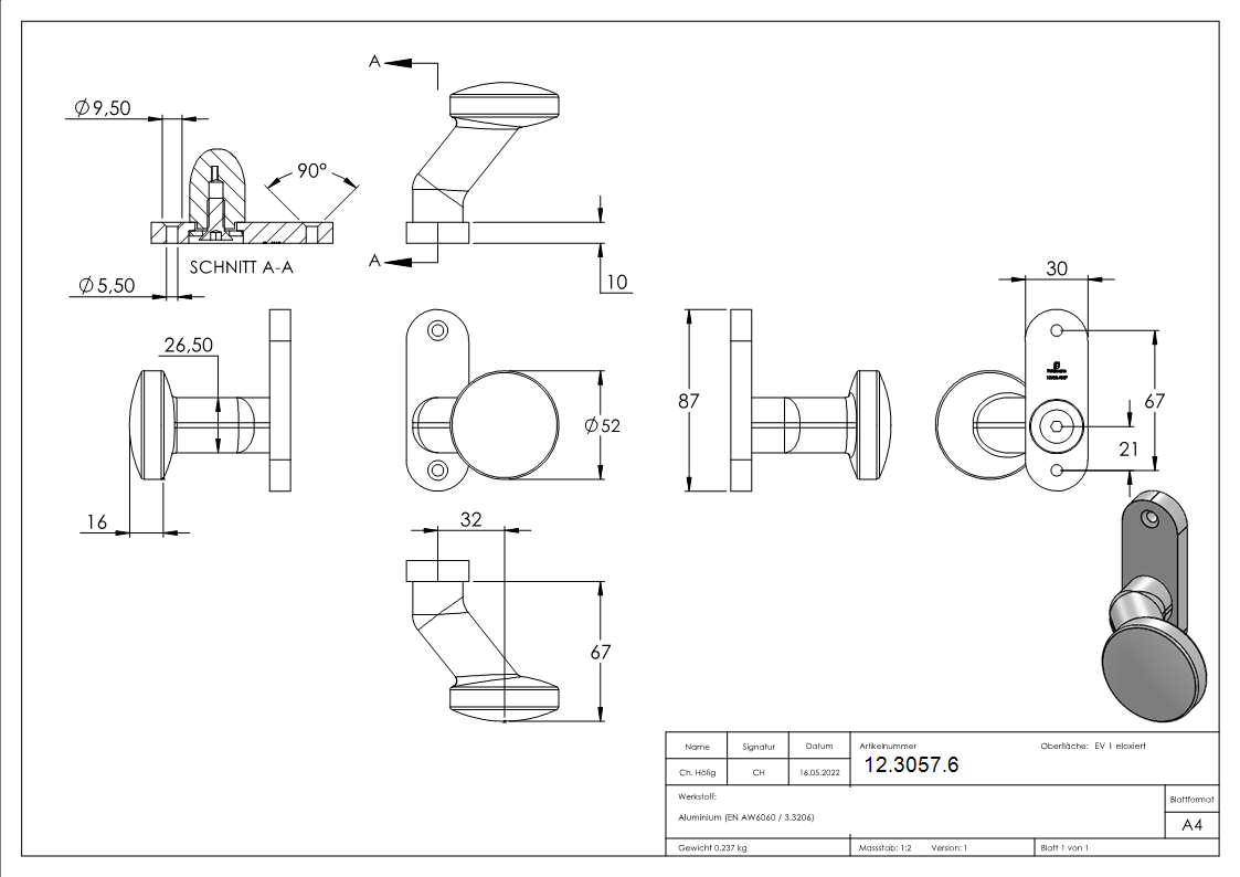 Alu-Tuerknopf - fest mit Alu-Kurzschild - Aluminium EV1-12-3057.6