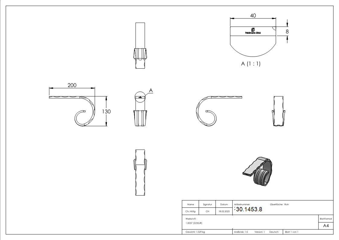 Handlauf-Endstueck 40x8 mm Kanten gehaemmert Stahl S235JR passt zu 30-1375-8-30-1453.8