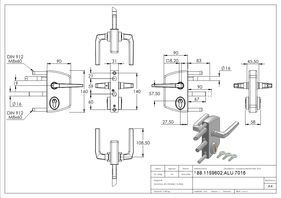 Industrieschloss Alu-Edelstahl fuer Profilrohr 60-80mm RAL 7016 Drueckergarnitur-88-1159602-ALU.7016