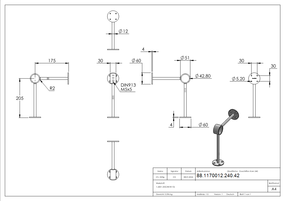 Fusslaufstuetze Edelstahl V2A fuer Rohr Ø 42-4 mm geschliffen Korn 240-88-1170012-240.42