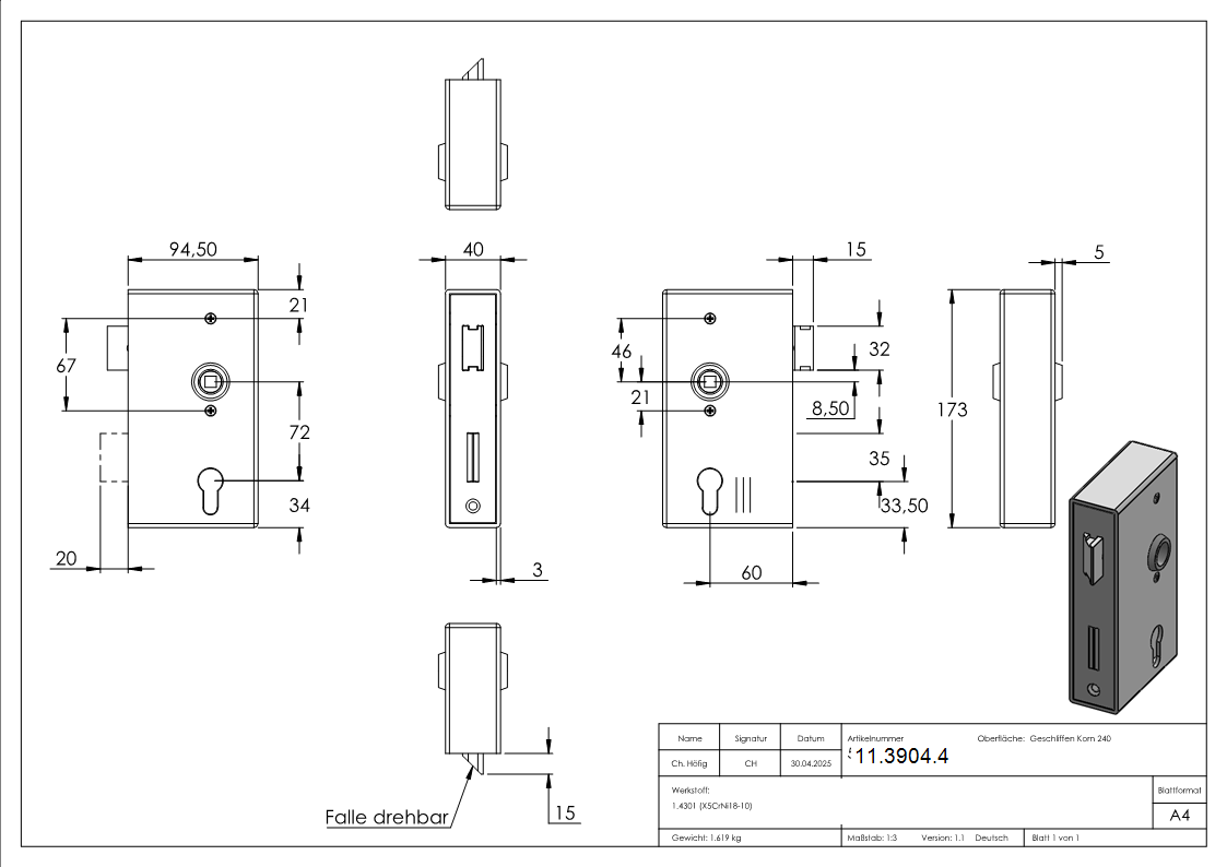 Schlosskasten 40x94-5x173 mm V2A-11-3904.4