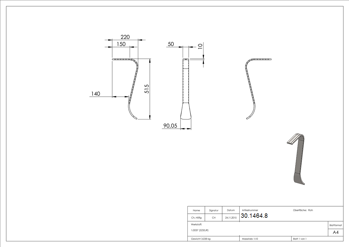 Handlauf-Endstueck - Material- 50x10 mm - gehaemmert - Stahl -Roh- S235JR-30-1464.8