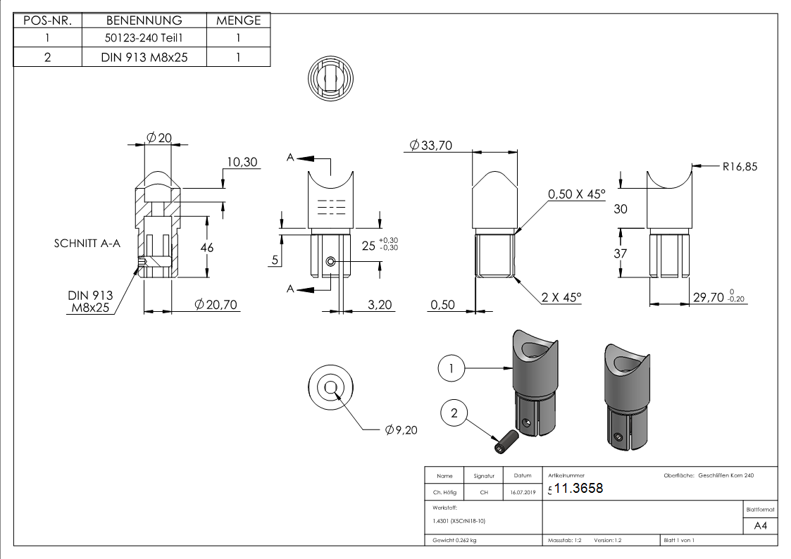 Anschlussstueck 90° fuer Rundrohr Ø 33-7x2-0 mm V2A-11-3386.4-STUeCK