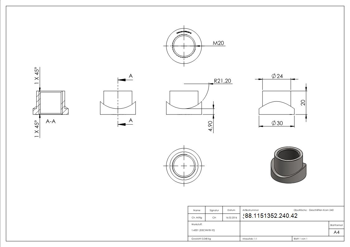 Gewindehuelse Edelstahl V2A fuer Rohr Ø 42-4 mm Gewinde M20 geschliffen Korn 240-88-1151352-240.42