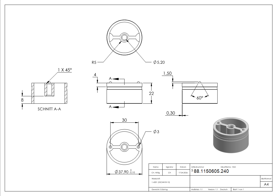 Adapter fuer 42mm Holzhandlauf- V2A-88-1150605.240