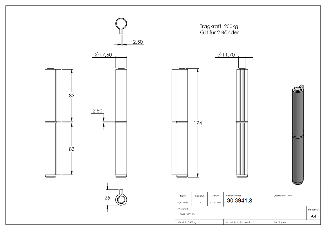 Anschweissband - 2-teilig - Tragkraft- 600kg - massiv - Stahl S235JR- roh-30-3941.8