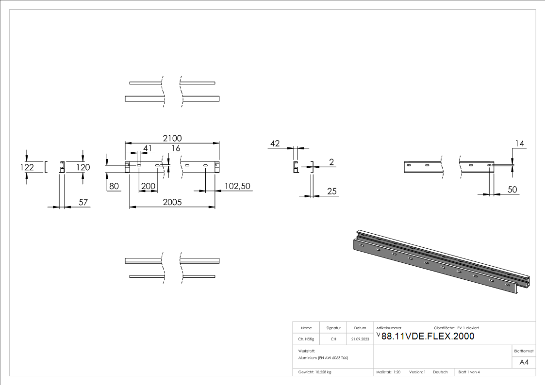 Profil-Set FLEX-MOUNT PRO fuer eleganza canopy Vordach 2000- 2100-2005 mm-88-11VDE-FLEX.2000