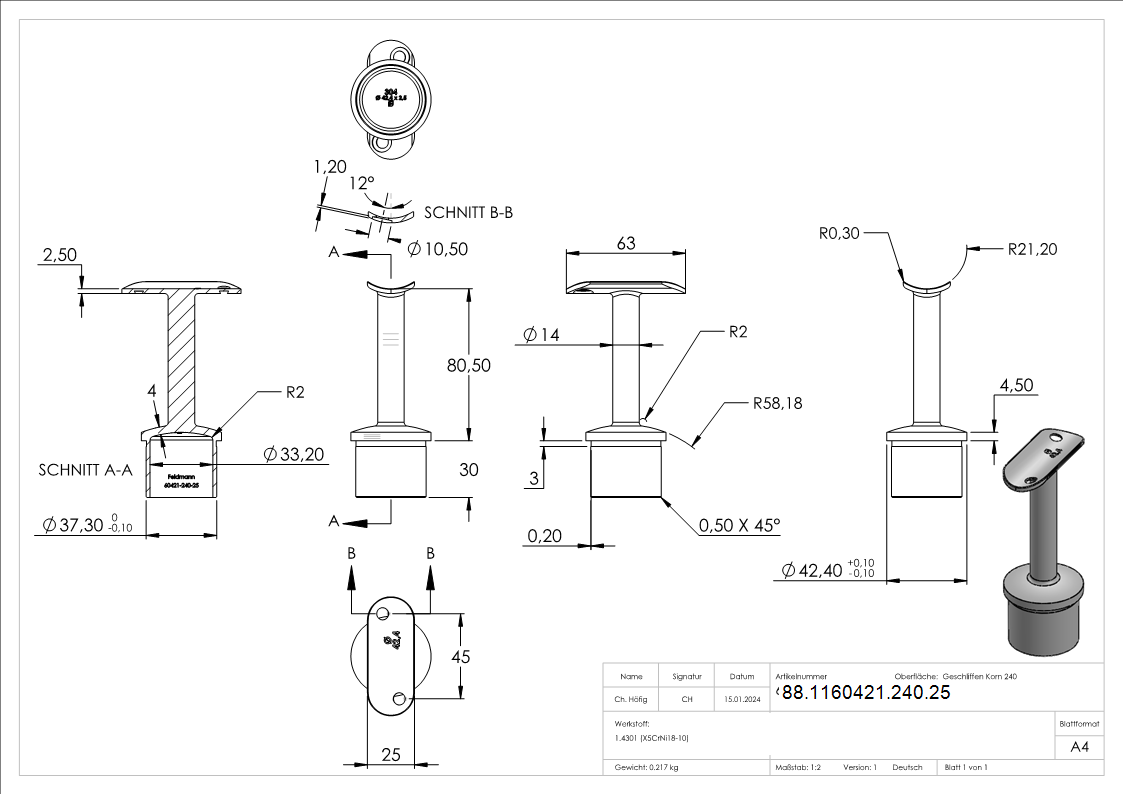 Einsteck-Handlaufhalter V2A fuer Rohr Ø 42-4x2-5 mm Handlauf Ø 42-4 mm-88-1160421-240.25