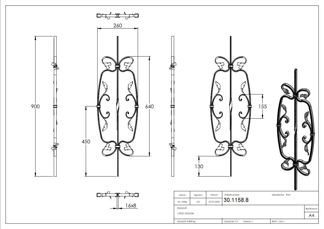 Zierstab - Laenge- 900 mm - Material- 16x8 mm gerillt - Stahl S235JR- roh-30-1158.8
