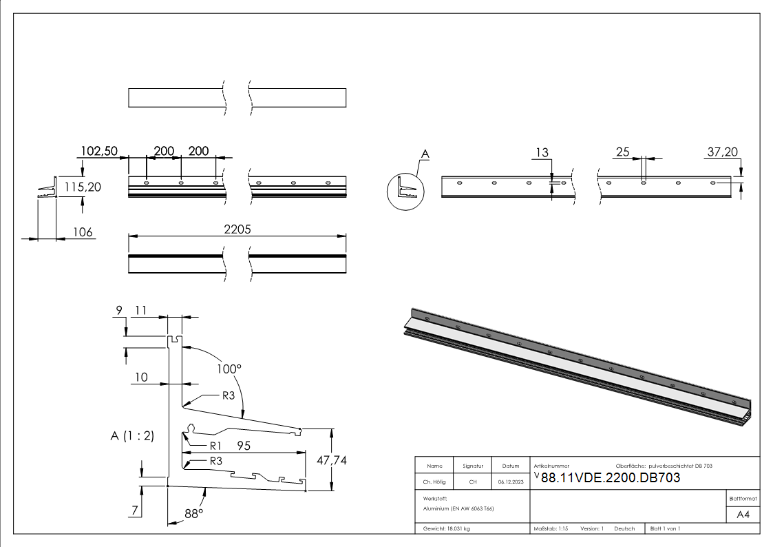 Vordachprofil eleganza canopy- L- 2205mm- DB703-88-11VDE-2200.DB703