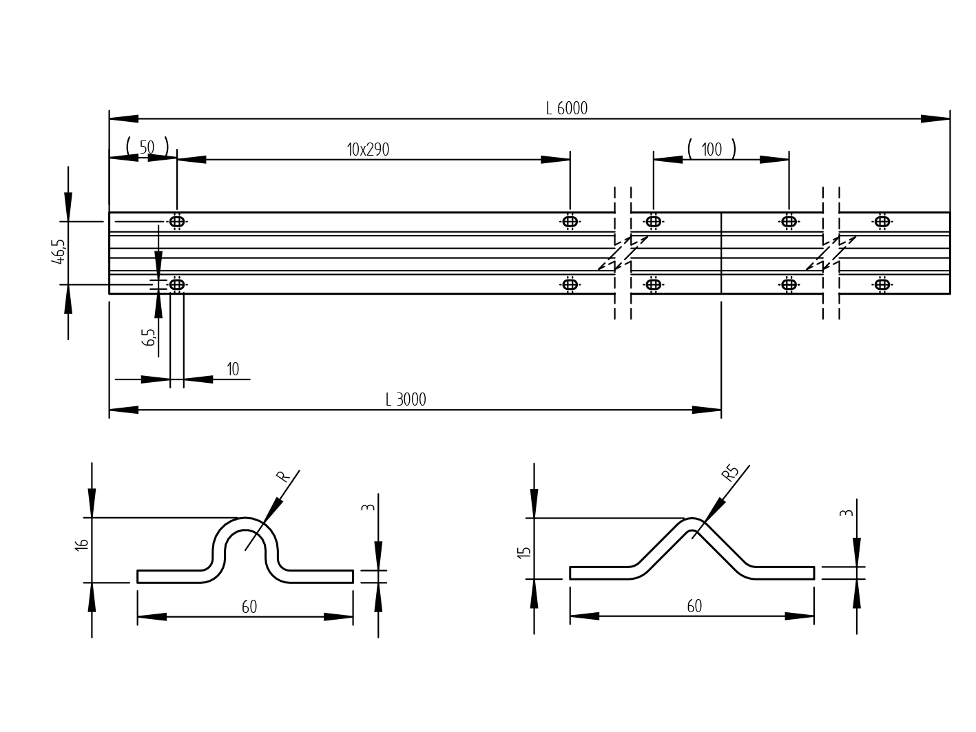 Bodenlaufschiene Stahl verzinkt 60 x 16 mm L=3000 mm U-Rille R8-89-11H39U3000-A.4