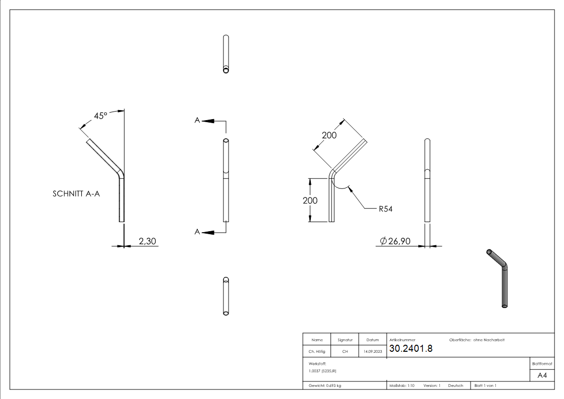 Rohrbogen 45° Stahl roh - 26-9 x 2-0 mm -¾- - S235JR-30-2401.8