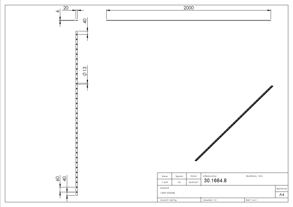 Flacheisen gelocht Laenge- 2000 mm 33 Lochungen Stahl -Roh- S235JR-30-1664.8