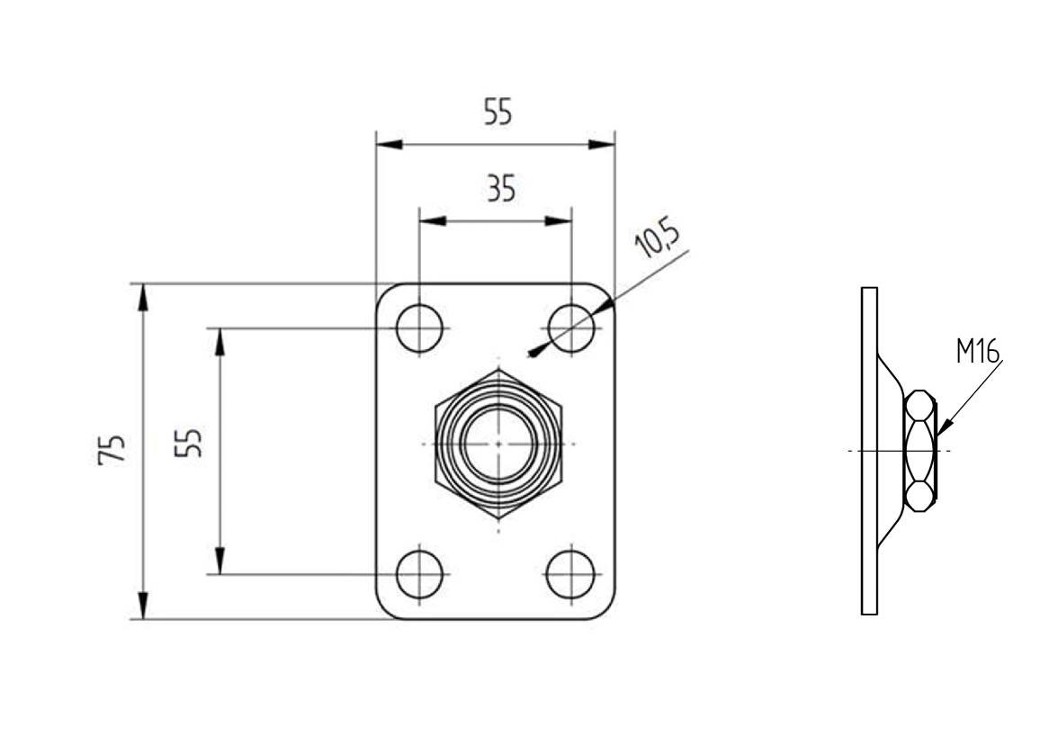 Ankerplatte Stahl verzinkt 55 x 75 mm mit drehbarer Mutter M16-89-11D426BM16-A.4