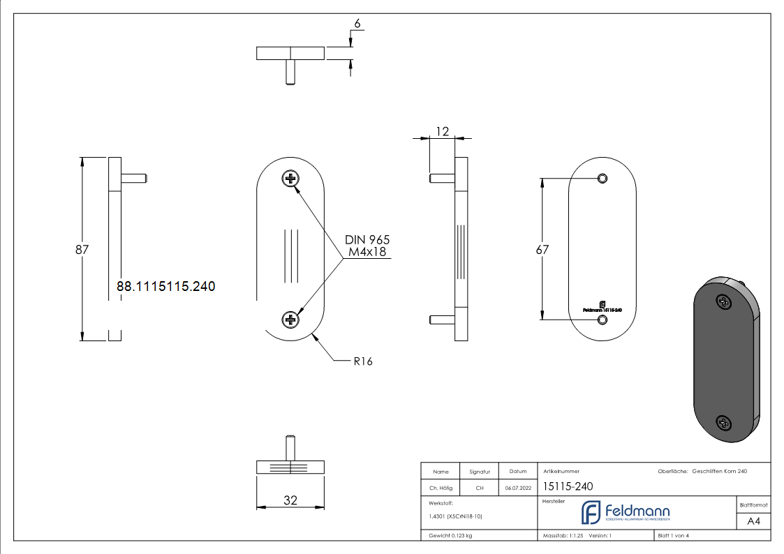 Kurzschild blind- Abmessung- 32 x 87 x 6mm- V2A-88-1115115.240