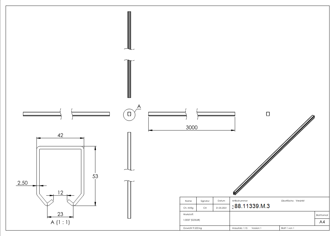 Laufschiene Stahl verzinkt L 3000 mm fr Hngetore-88-11339-M.3