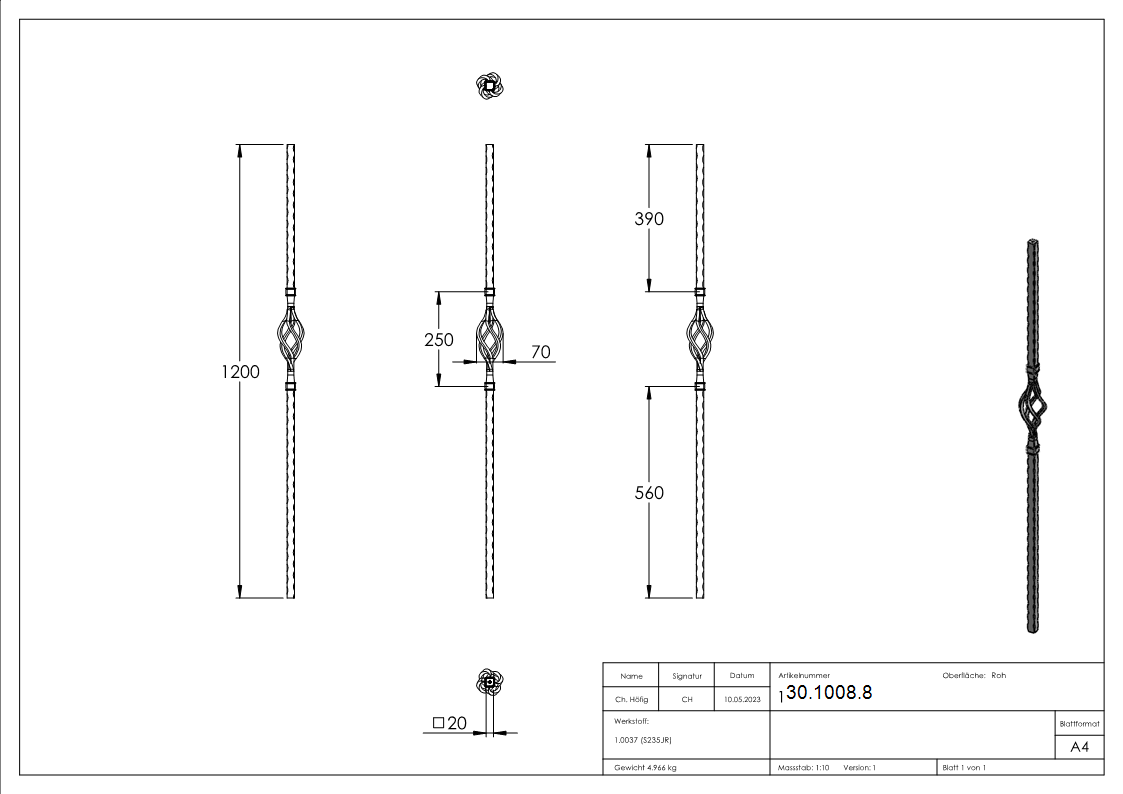 Anfangsstab Laenge- 1200 mm Material- 20x20 mm Stahl S235JR- roh-30-1008.8