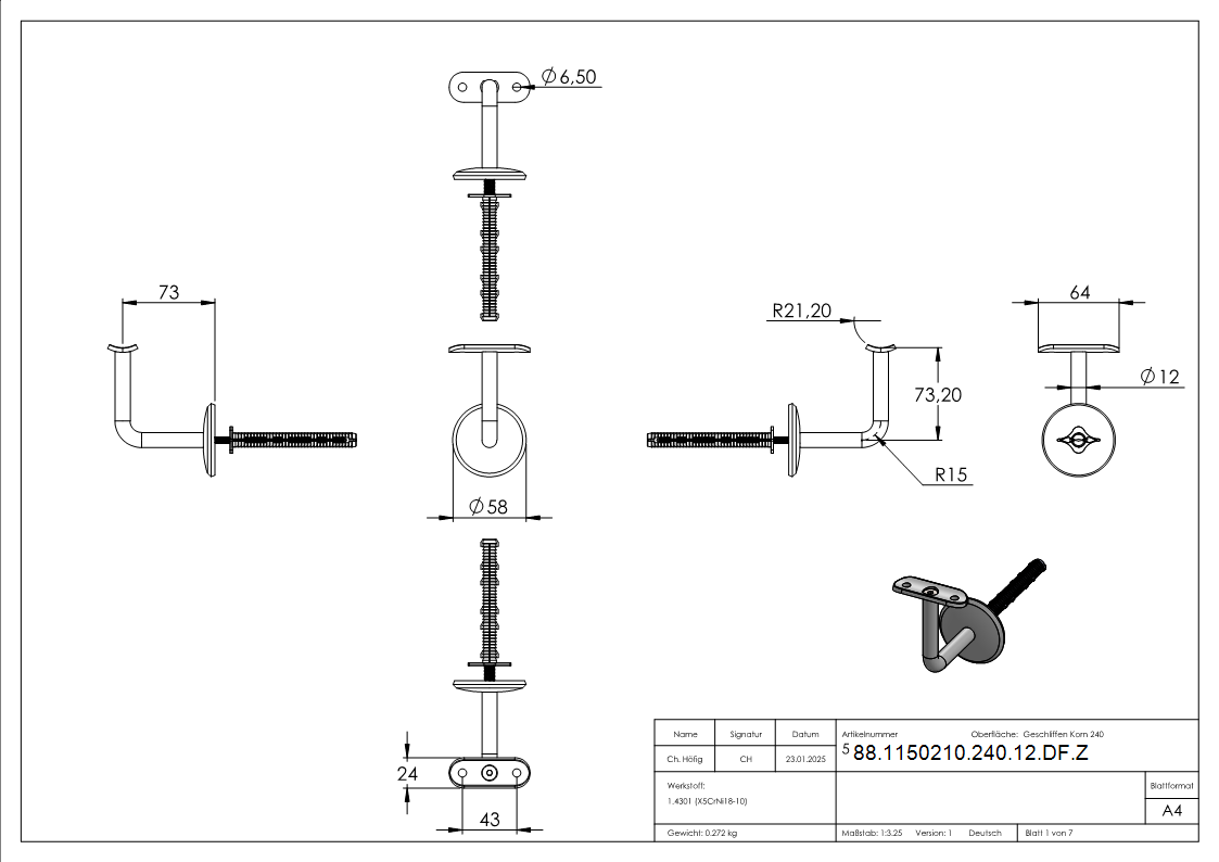 Handlaufhalter Edelstahl V2A Buegel Ø 12 mm Wandabstand 73 mm Ronde Ø 58x4 mm Drehfix fuer Ziegel-88-1150210-240-12-DF.Z
