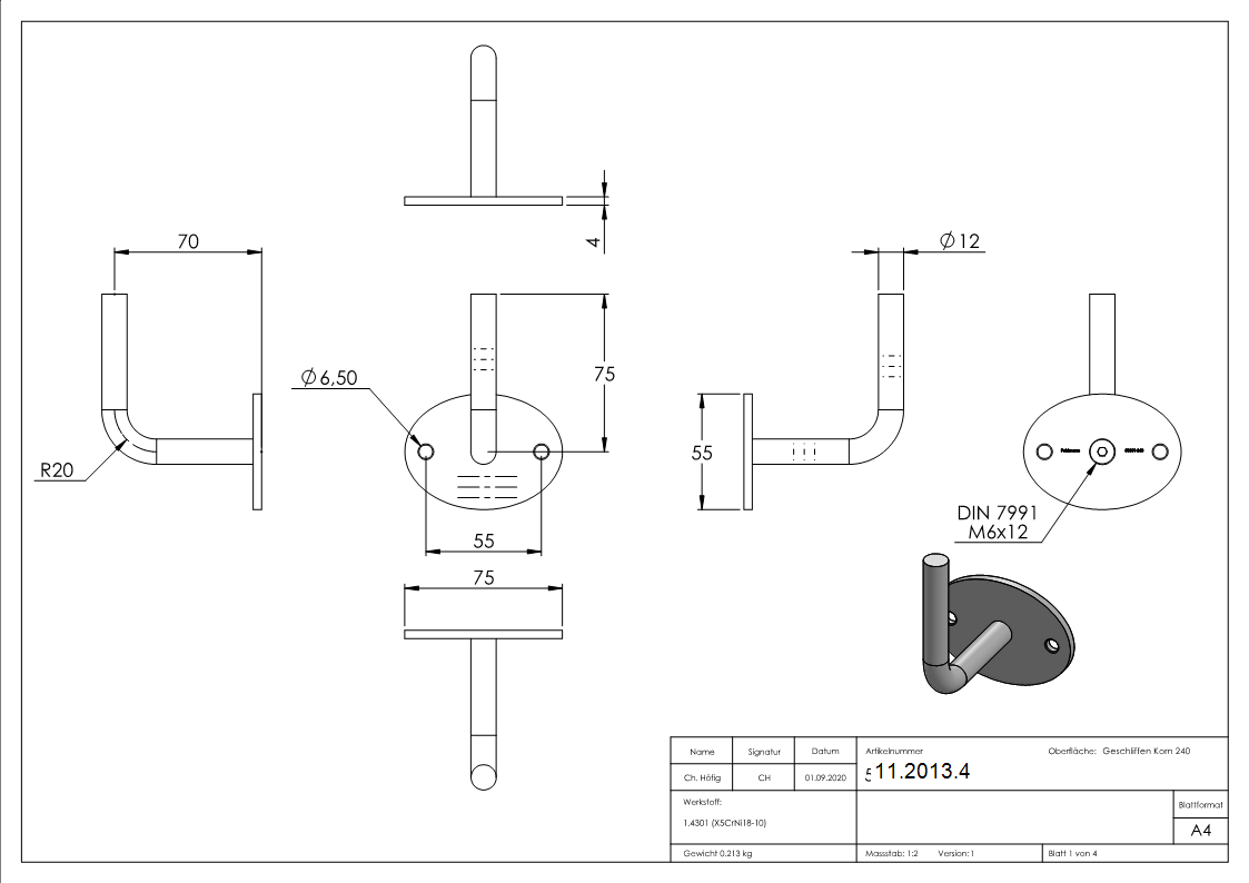 Handlaufhalter V2A Ronde 75x55x4- Buegel Ø12- WA 70- verschraubt- Anschweissbuegel-11-2013.4