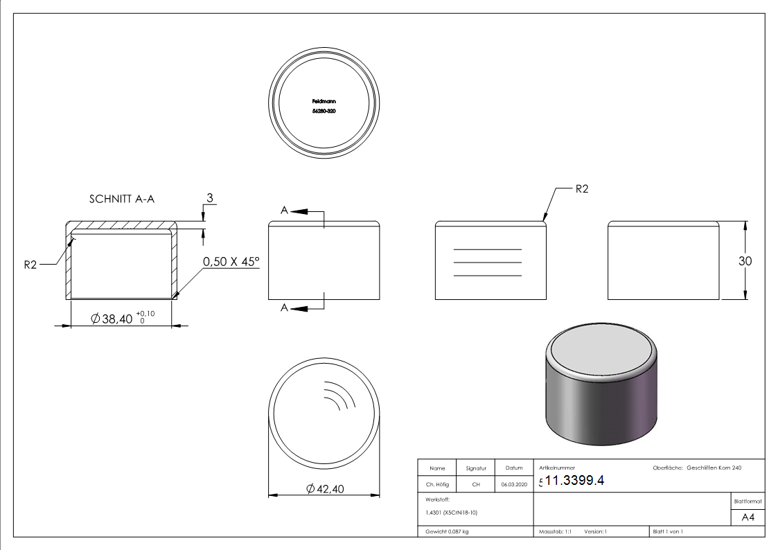 Endkappe fuer Boegen- fuer Rundrohr Ø 42-4x2-0 mm V2A-11-3399.4