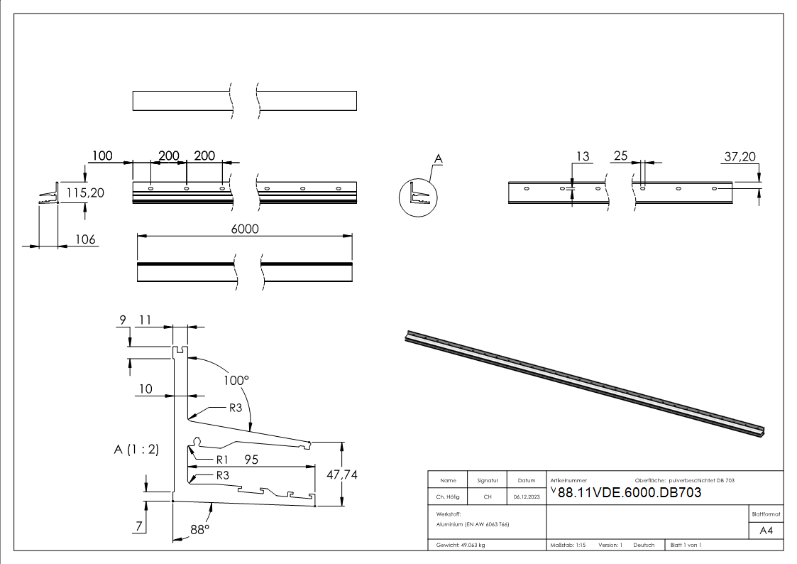 Vordachprofil eleganza canopy- L- 6000mm- DB703-88-11VDE-6000.DB703
