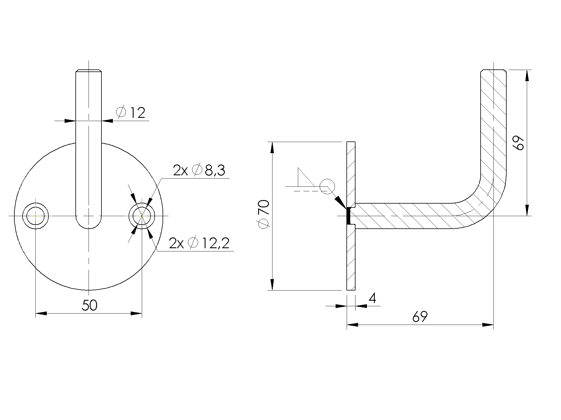 Handlaufhalter mit Ronde Rund 70x4 mm zum Anschweissen V2A-11-2013-A.4