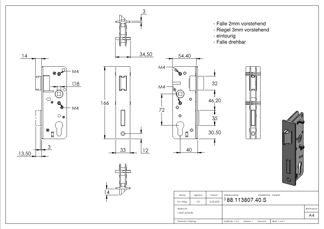 Rohrrahmenschloss AMF Schloss Riegel und Falle sind verzinkt - AMF Artikel- 10645-88-113807-40.S