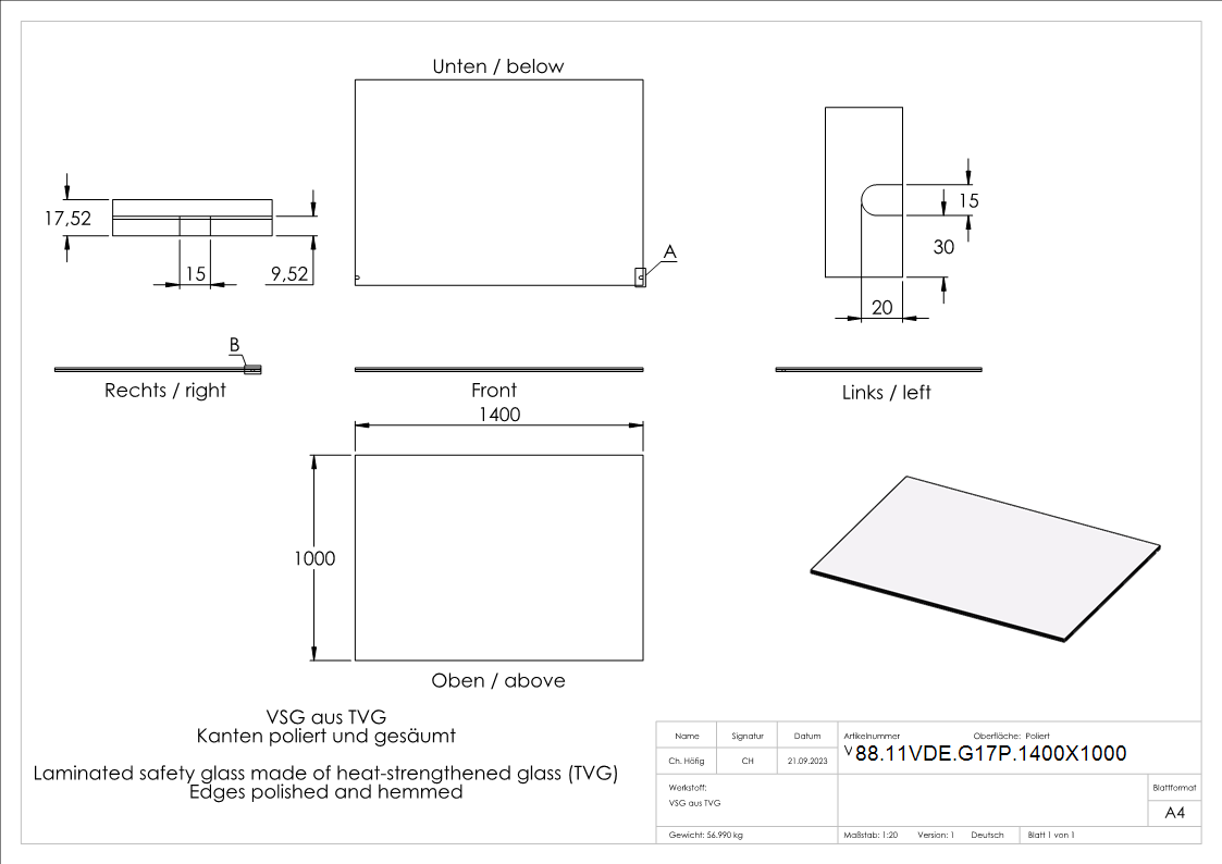 Vordachglas VSG aus 2x8 mm TVG 1400 x 1000 mm mit 1-52 mm PVB-88-11VDE-G17P.1400X1000