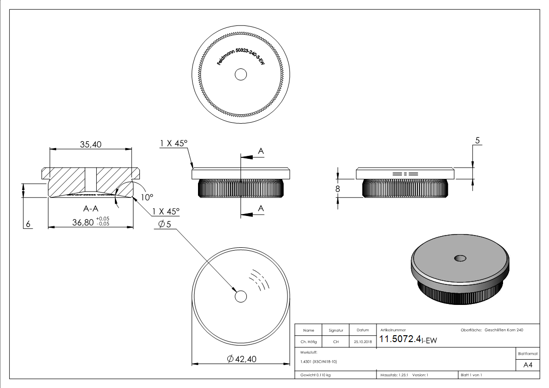 Rohrstopfen fuer Ø 42-4x3-0 mm flach zum Einschlagen V2A-11-5072.4