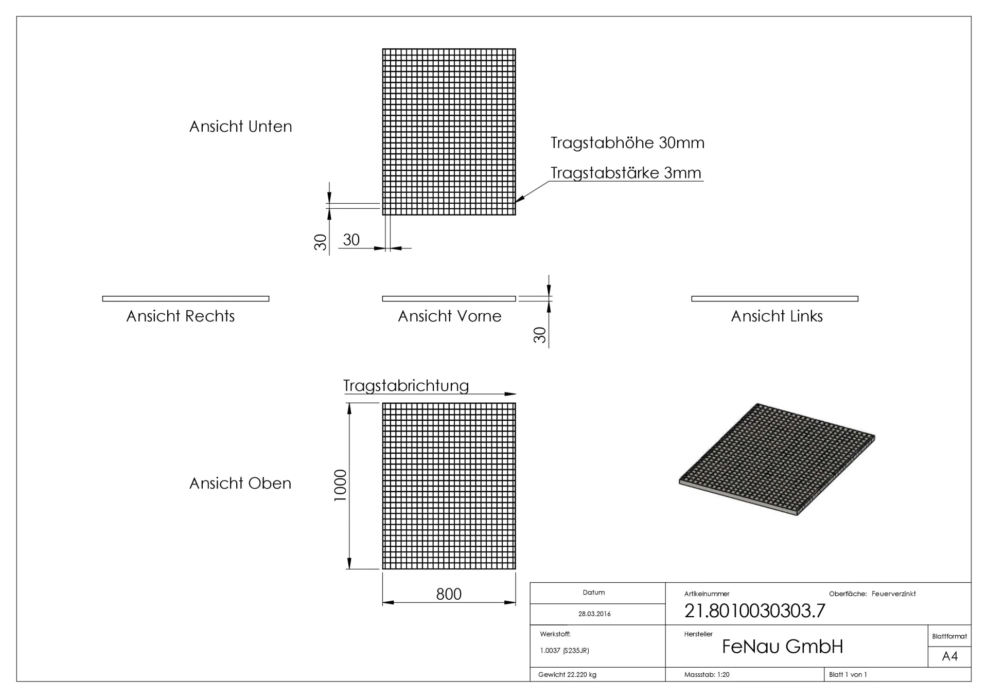 Industrie-Gitterrost - Masse- 800x1000x30 mm; MW 30-30 mm; 30-3 mm - S235JR -St37-2- im Vollbad feuerverzinkt-21-8010030303.7