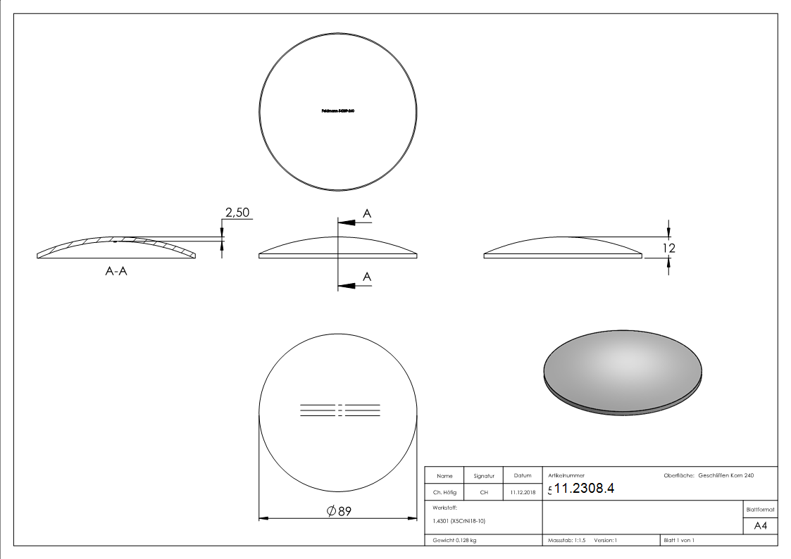 Kloepperboden Ø  89 mm leicht gewoelbt zum Aufschweissen V2A - Hoehe 2-5 mm-11-2308.4