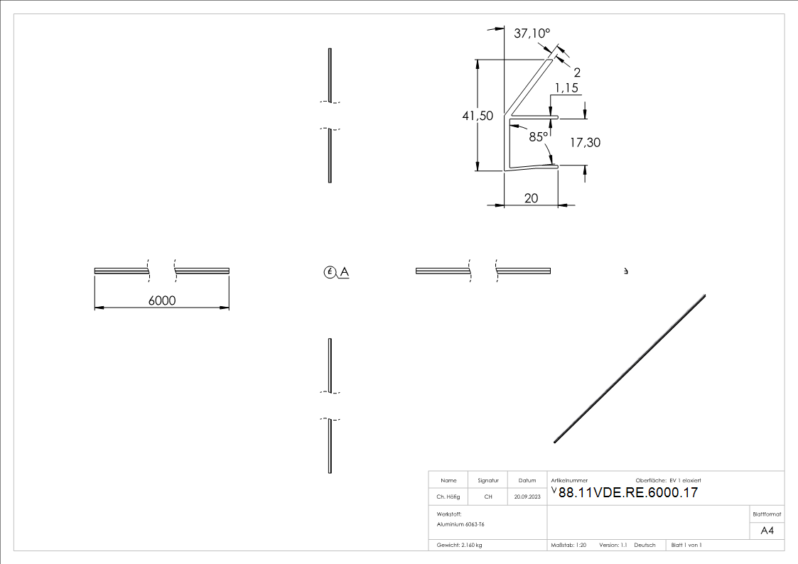 Regenrinne Aluminium eloxiert fuer Glas 17-52 mm L = 6000 mm Vordachsystem-88-11VDE-RE-6000.17