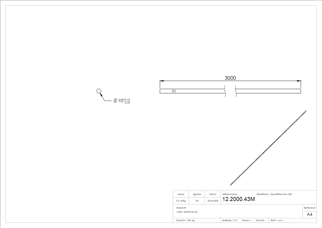 Rundstab Ø 10 mm á 3 m Edelstahl-12-2000.43M
