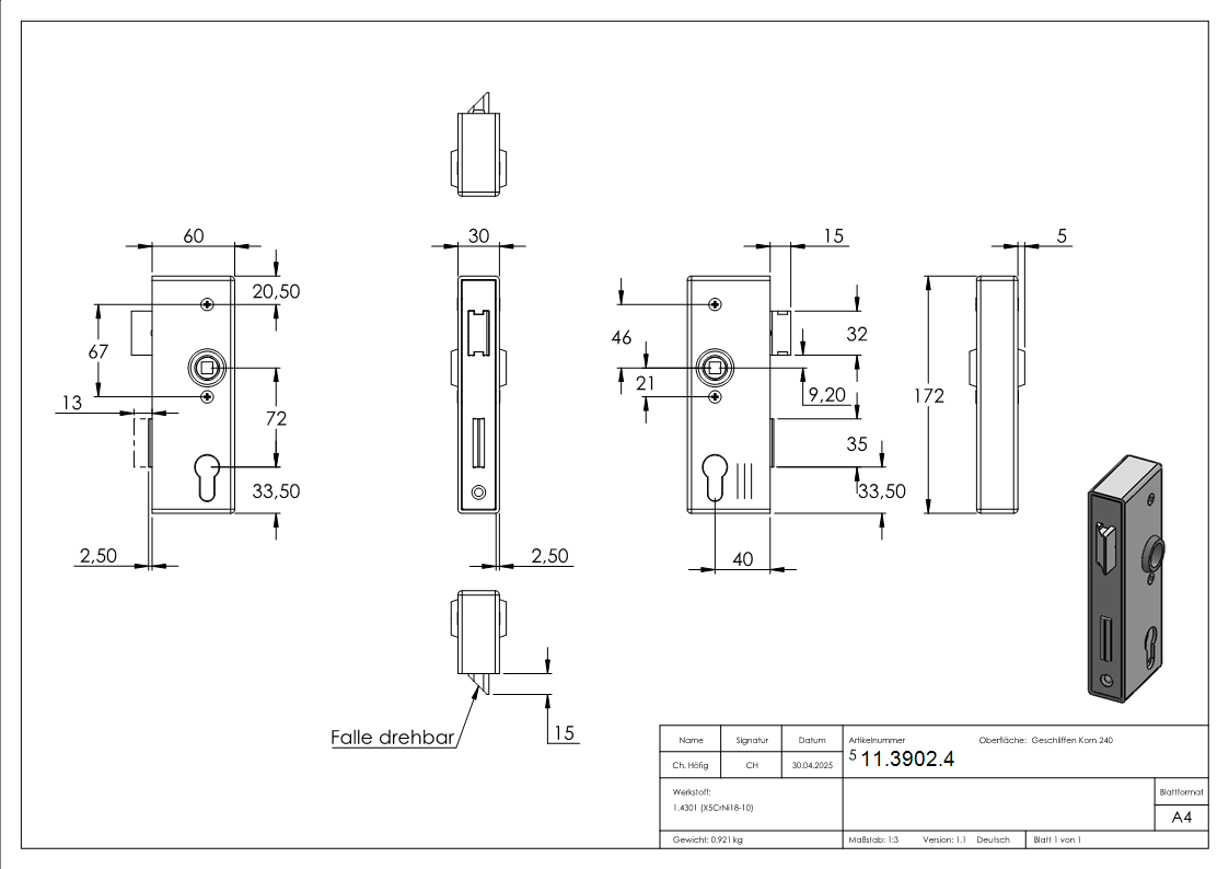 Schlosskasten 30x60x173 mm V2A-11-3902.4
