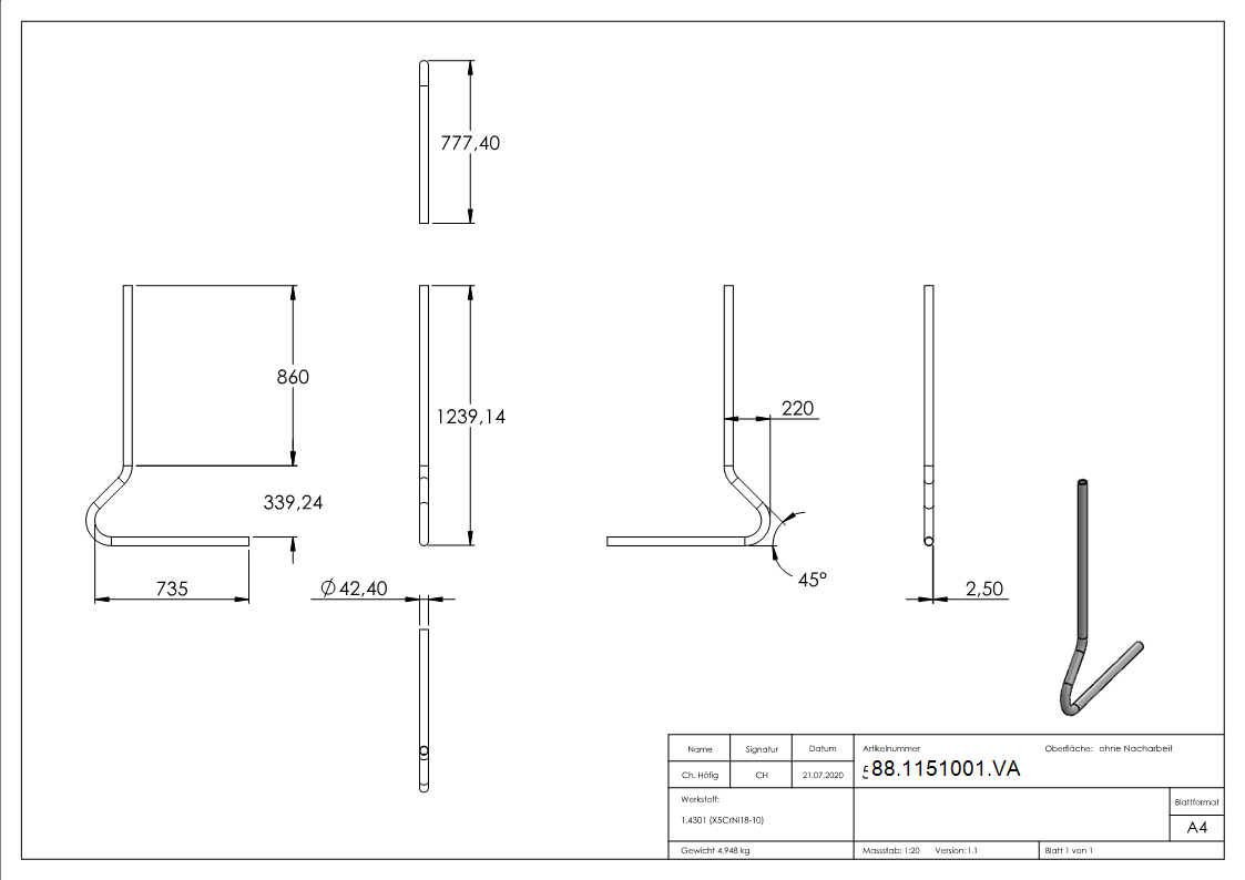 Pfosten Edelstahl V2A Rohr Ø 42-4 x 2-5 mm gebogen- montagefertig-88-1151001.VA