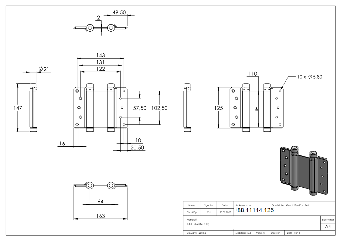 Pendeltuerband Edelstahl V2A 1 Paar zum Anschrauben-88-11114.125