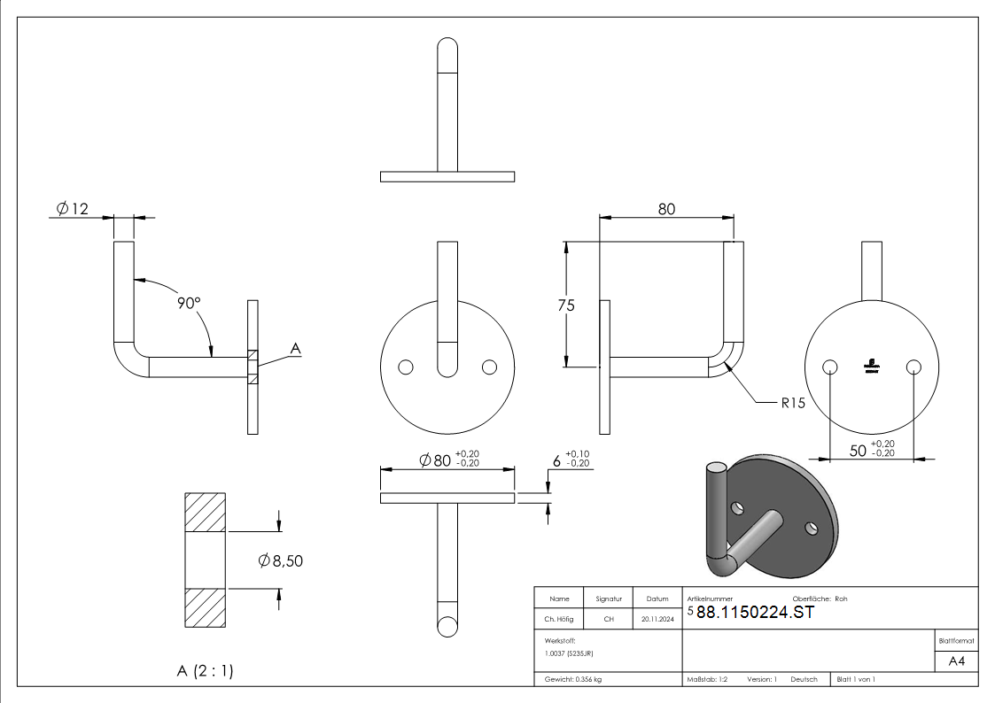 Handlauftraeger Stahl roh Ronde Ø 80 x 6 mm Buegel Ø 12 mm zum Anschweissen-88-1150224.ST