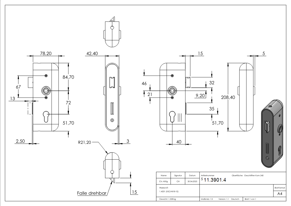 Schlosskasten 42-4x78-2x208-4 mm V2A-11-3901.4