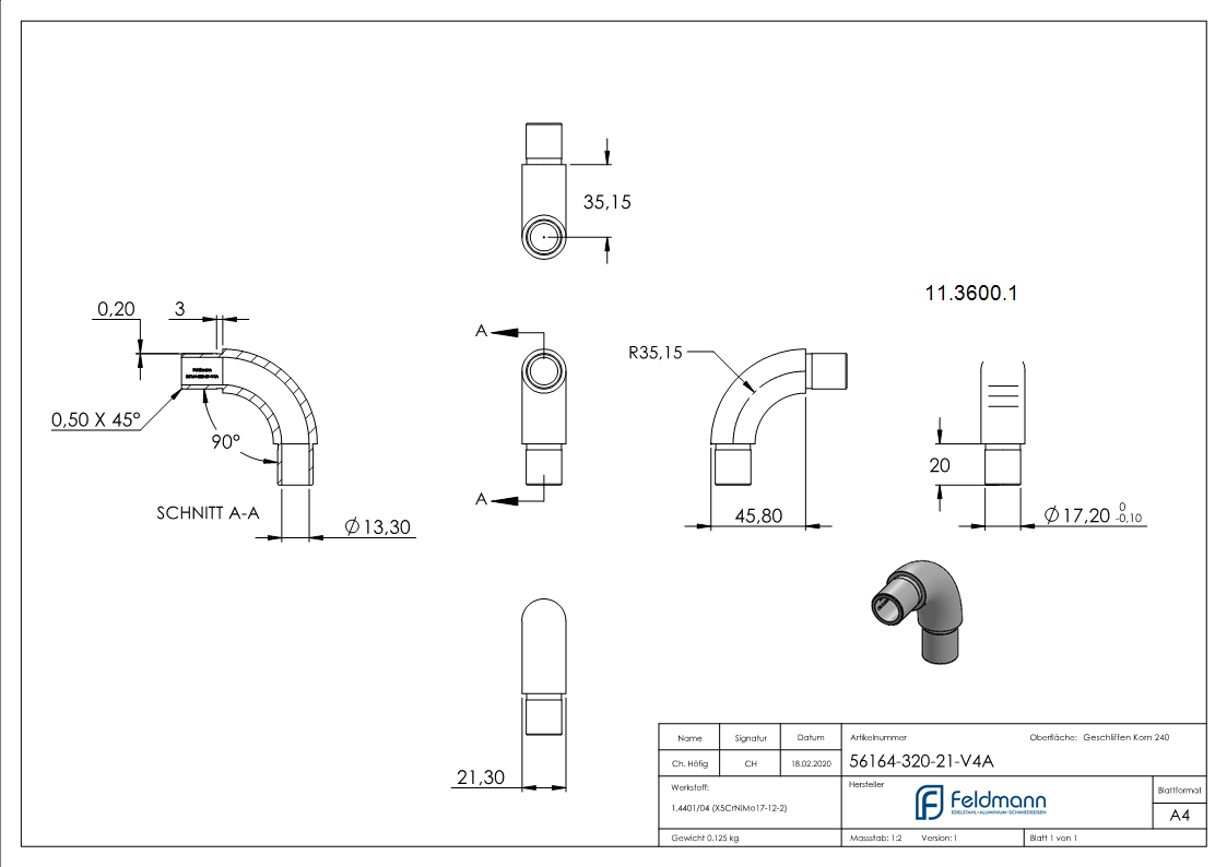 Rohrbogen 90° rund- fuer Rundrohr Ø 21-3x2-0 mm V4A-11-3600.1