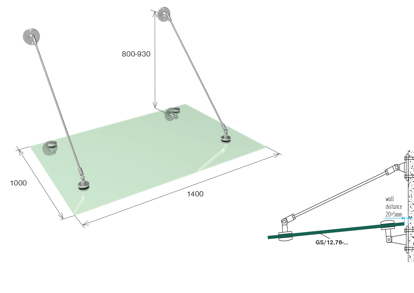 Vordachsystem mit Glas ESG-VSG-89-11GS14PRRSETGLASS-A.4